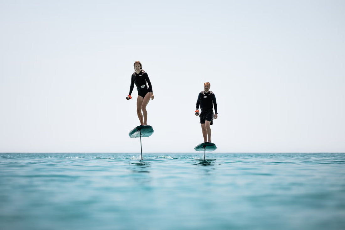 Luxury villa guest riding eFoil in Larnaca bay – Surf City Cyprus