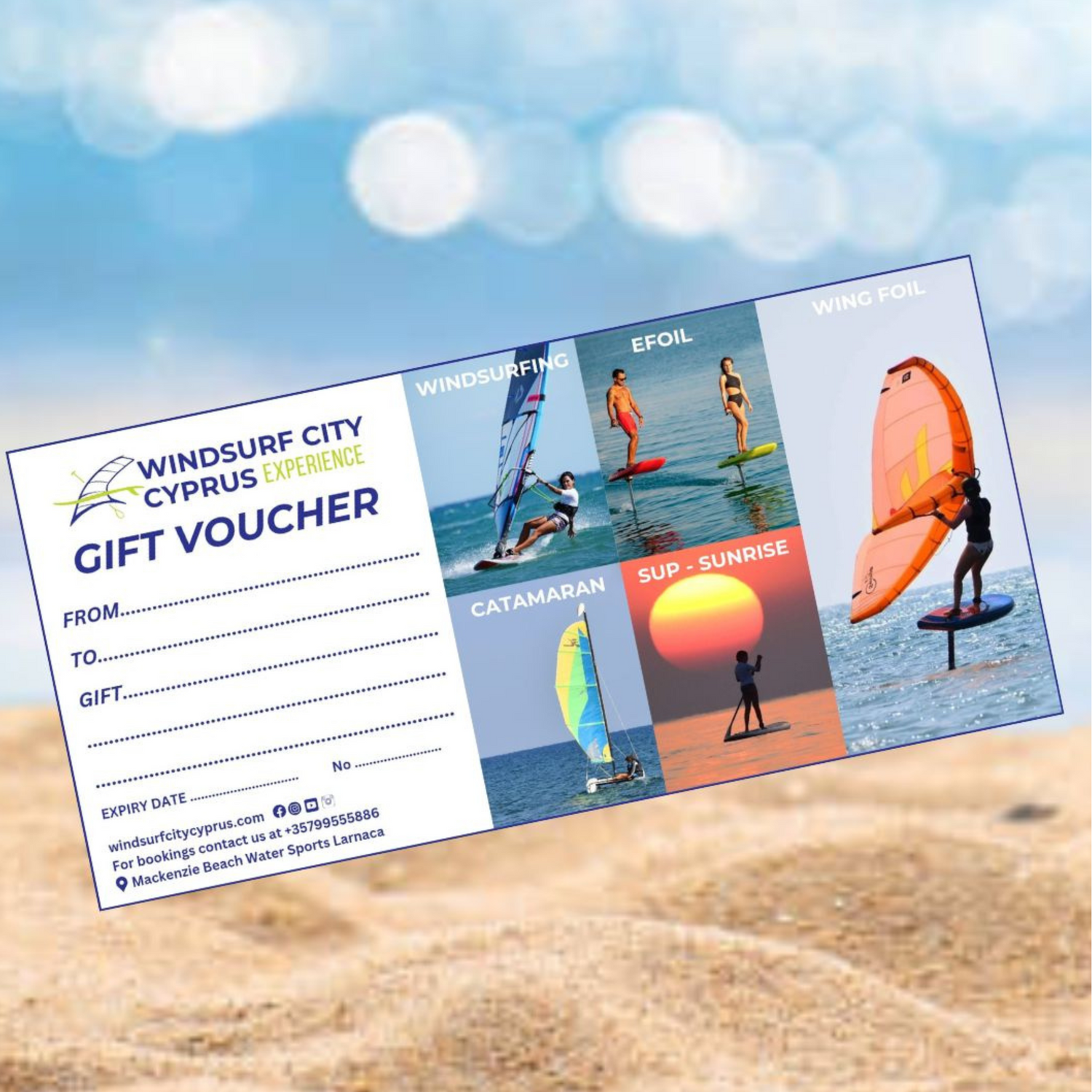 gift voucher ideas in Larnaca Cyprus , watersports voucher - efoil, windsurfing, stand up paddle. Gift voucher ideas for birthdays