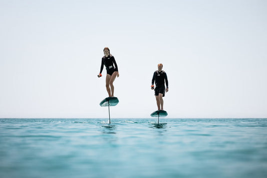 Luxury villa guest riding eFoil in Larnaca bay – Surf City Cyprus